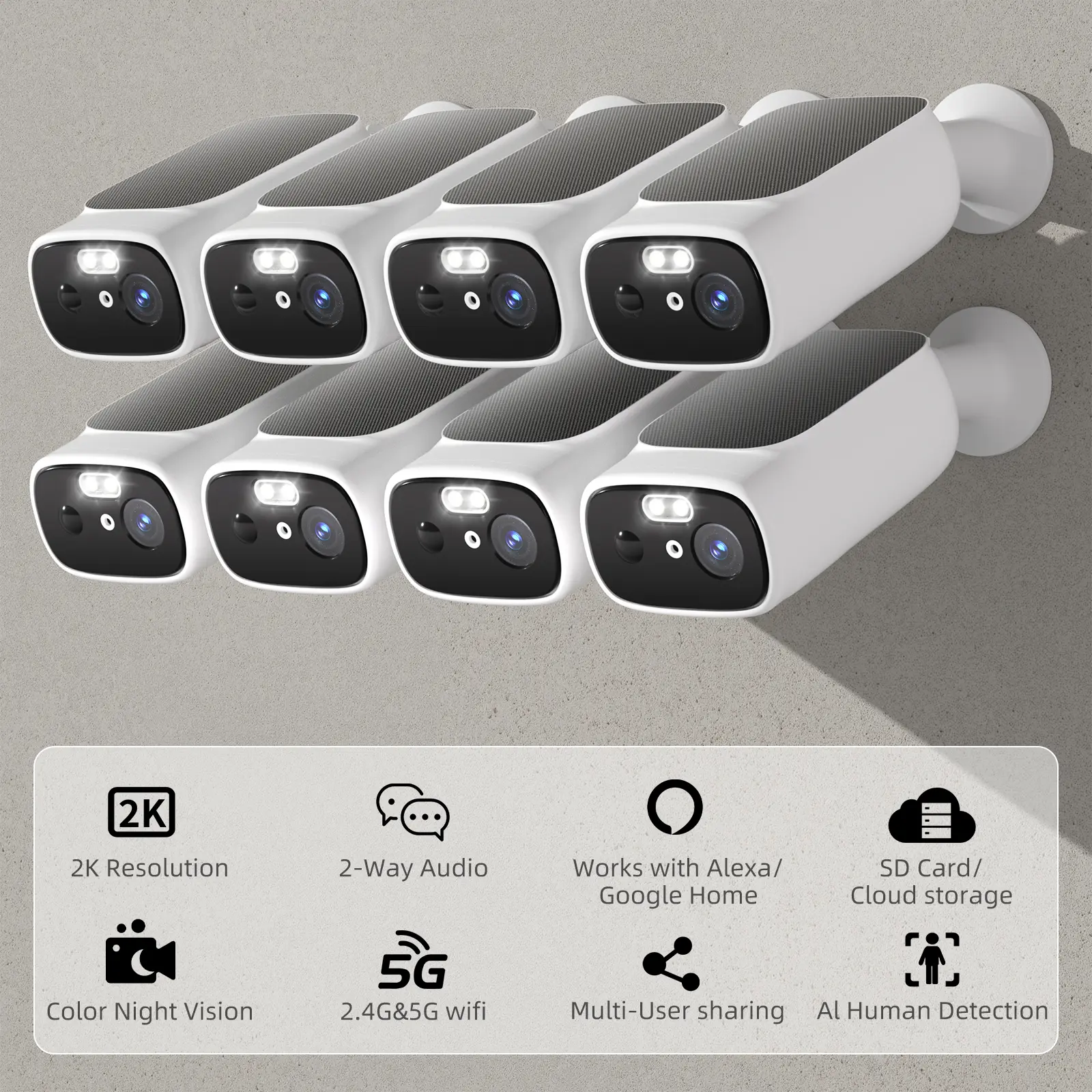 2K Solar Security Cameras Wireless Outdoor-2.4/5Ghz WiFi Cameras for Home Security, AI Motion Detection, Color Night Vision, SD Card/Cloud Storage, Waterproof, Work with Alexa/Google Home