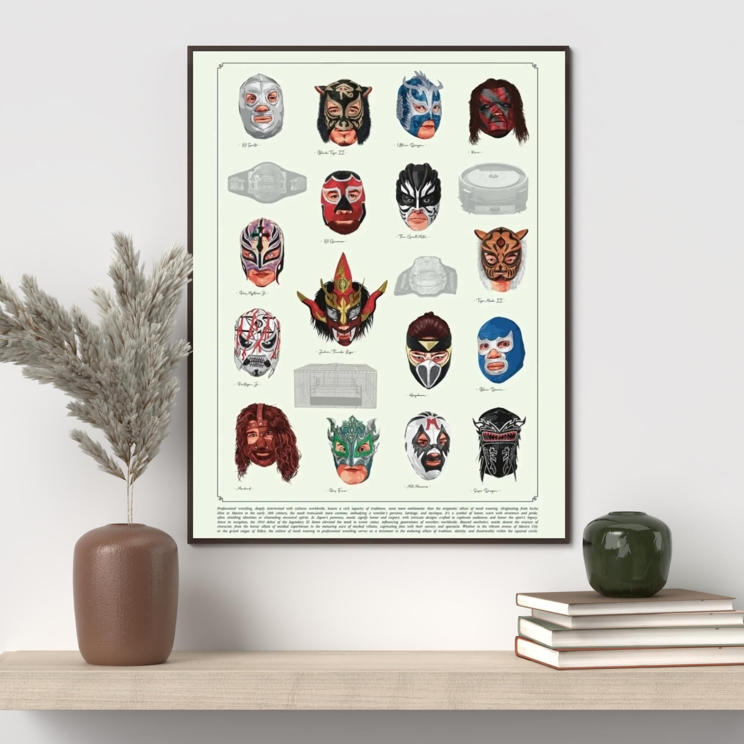[NO FRAME] Evolution of the Mask, Iconic Wrestling Legends Art Poster, From Rey Mysteriio to Liger, The Ultimate Wrestling Mask Collection Print, Lucha Libre Wall Art, Multiple Sizes