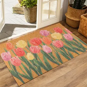 Colorful Spring Tulip Floral Front Door Mat, Super Absorbent Diatomite Entryway Rug, Quick Dry Washable Doormat with Anti-Slip Rubber Backing, Low Profile Indoor Outdoor Porch Home Decor Rug