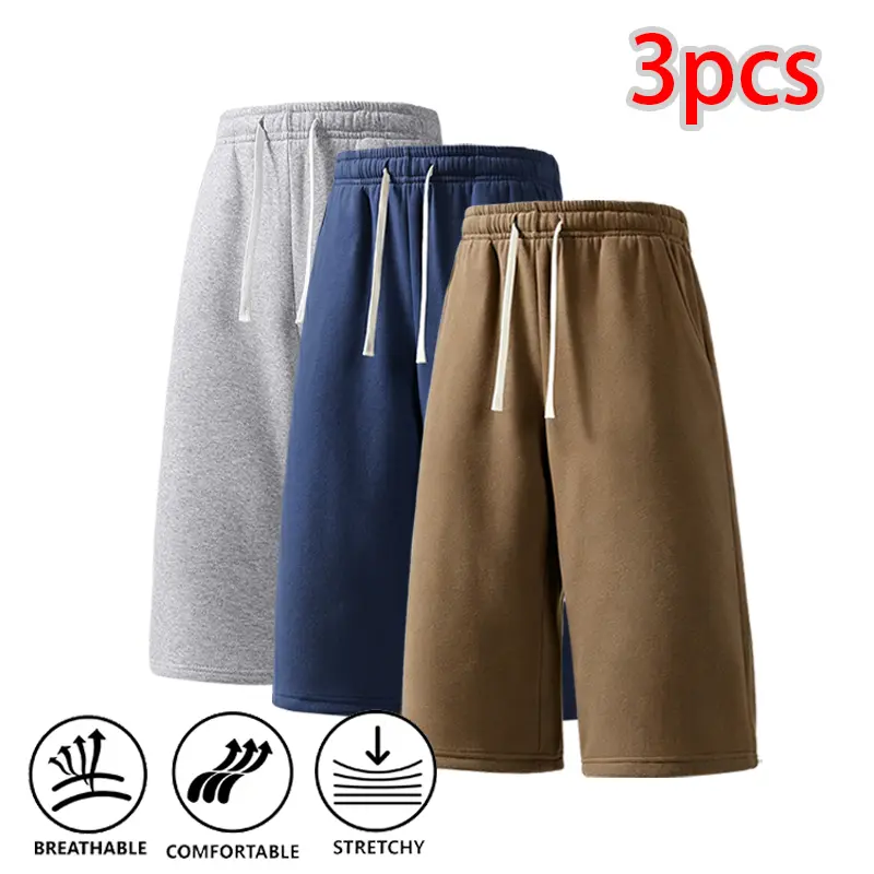 3pcs Street Style Men Wide Leg Baggy Knee Shorts – Soft, Breathable, Stretch, Drawstring; Casual Gym, Jogging, Everyday Wear Sweat Shorts