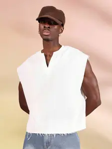 Sleeveless V-Neck Frayed Edge Summer Tank Athletic Cropped Raw Cut Muscle Tee Essential Basic Workout Gym Casual Urban Sport