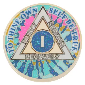 AA Premium Glitter Tie-Dye Recovery Medallion, Glitter Blue, Glitter Pink, Yellow, Silver & Gold Color Plated Sobriety Coin Decor Gift Epoxy