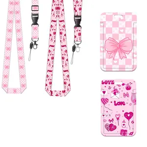 Sweet Bow ID Lanyard Set, Personalized Lanyard, Detachable Nurse Badge Reel Teacher Office Card Holder, Love Heart Pattern Vertical Namecard Protector
