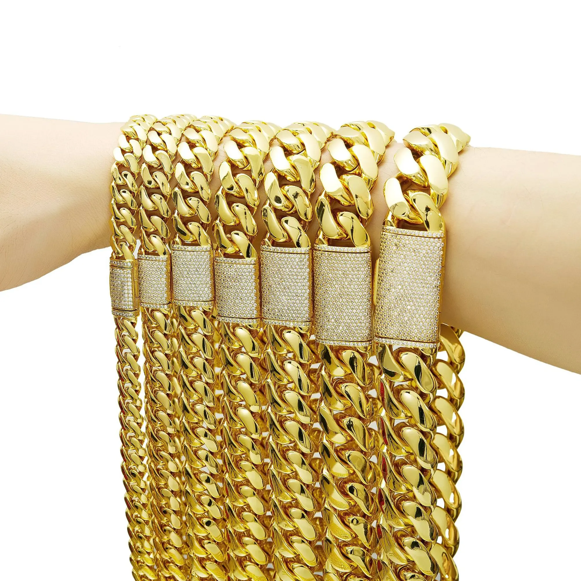 Men’s Stainless Steel Gold-Tone Miami Cuban Link Necklace, 8-22mm Width, 16-30in Length, Hip Hop Costume Jewelry for Daily Wear
