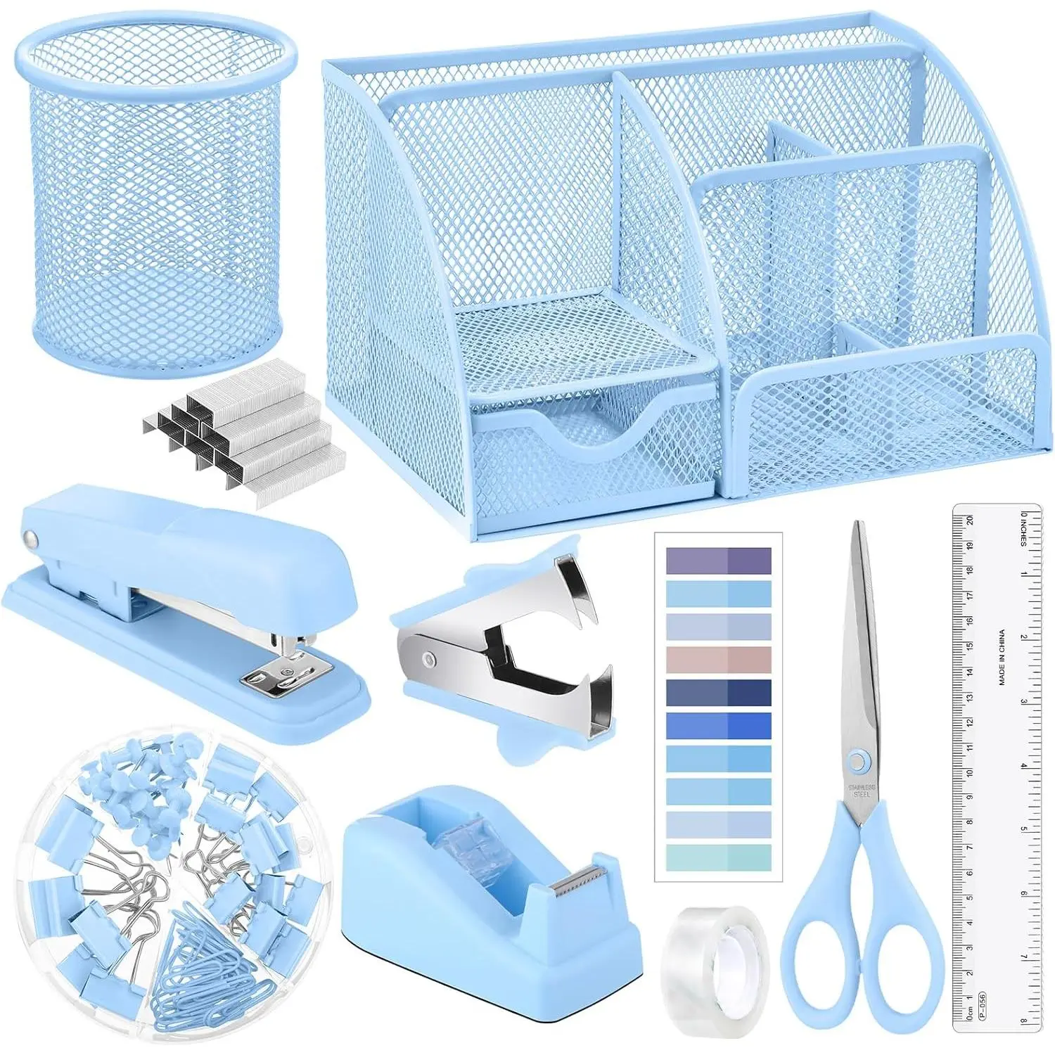 11 in 1 Blue Desk Organizer and Accessories, Blue Desk Accessories Light Blue Office Supplies Include Blue Stapler Blue Tape Dispenser Pen Holder Staple Remover Clips Ruler  Tapes Tabs