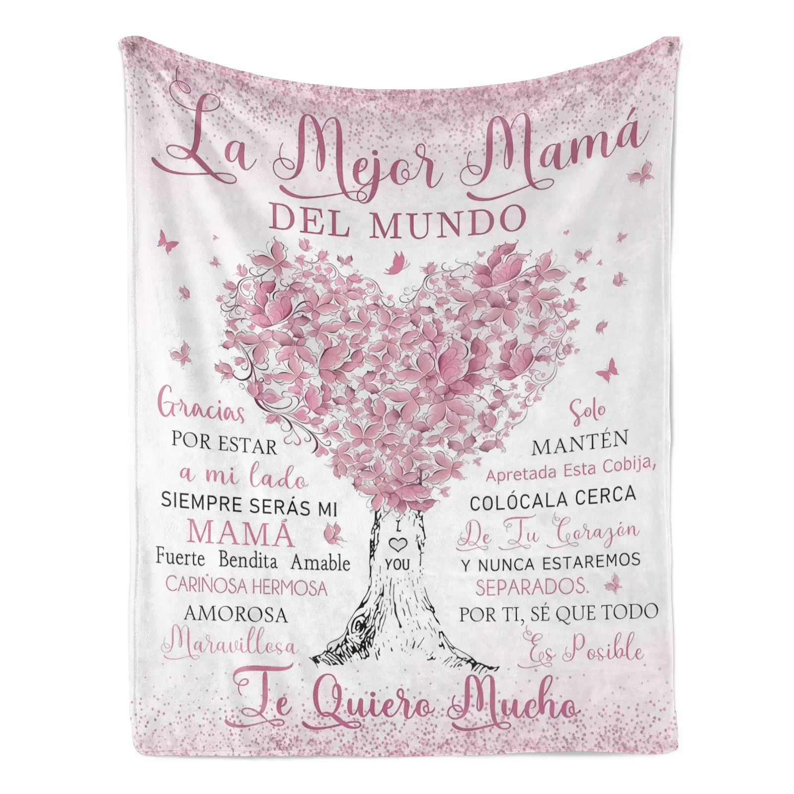 Mother's wool blanket - soft and comfortable, with Spanish text blessings on the pillow. Hand-painted pink butterfly tree pattern. An excellent choice as a gift for your mother.
