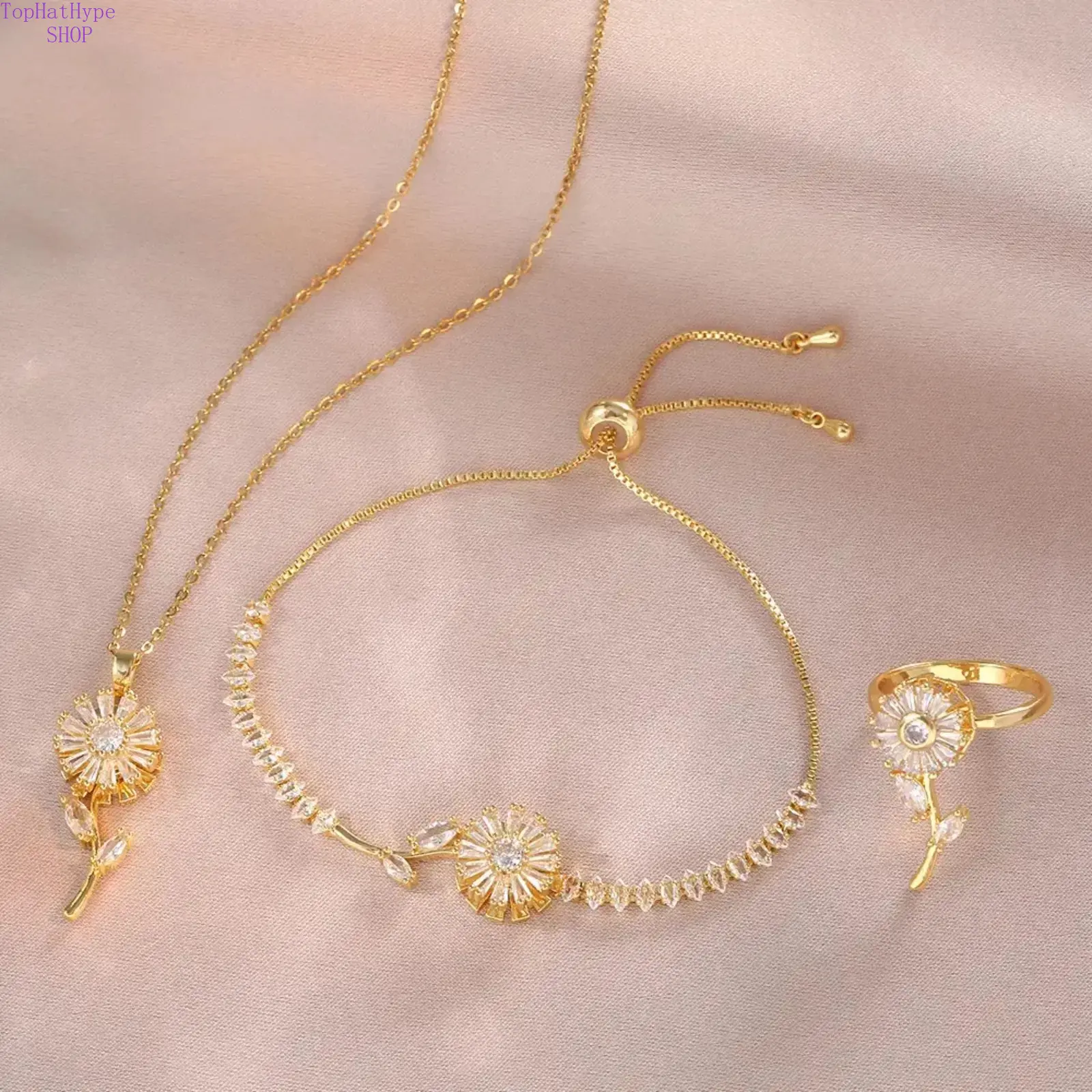Women’s 3‑Pcs Rotating Sunflower Zircon Jewelry Set, Titanium Steel Necklace Bracelet & Ring, Elegant Aesthetic Versatile Accessories for Daily Wear, Parties & Birthday Gift‑Giving