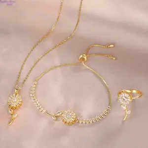 Women’s 3‑Pcs Rotating Sunflower Zircon Jewelry Set, Titanium Steel Necklace Bracelet & Ring, Elegant Aesthetic Versatile Accessories for Daily Wear, Parties & Birthday Gift‑Giving