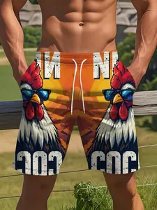 Men's Rooster Print Shorts, Casual Comfy Drawstring Waist Beach Pants, Fashionable Comfort Design, Ideal Gift Choice, Random Pattern, Beachwear