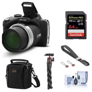 Minolta MN53Z 16MP FHD Digital Camera with 53x Optical Zoom, Wi-Fi, Black Bundle with Shoulder Bag, 64GB SD Card, Wrist Strap, Octopus Tripod, Cleaning Kit