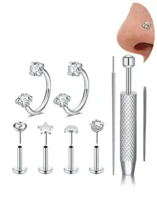 20G Cz Horseshoe Nose Ring, Made of 316L Stainless Steel, Plug-in Threadless Lip Stud, Push-In Flat Back Stud Nose Ring, Rhinestone Decorative Nose Pads Tragus Spiral Piercing Jewelry Body Piercing Jewelry