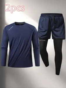 Men's Fitness Long Sleeve T-Shirt & Fleece Lined Pants Set, Autumn Winter Outdoor Running, Lightweight Printed Design, Gym Exercise Activewear