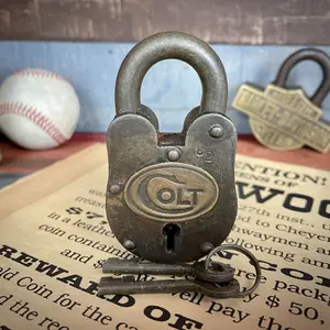 Colt Gun Cabinet Cast Iron Lock Vintage Reproduction, Antique Finish Man Cave Bar Decor