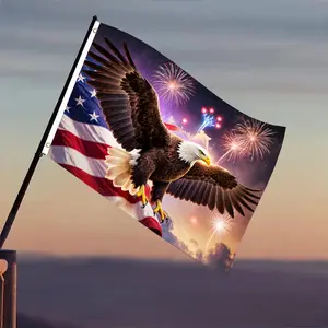 A  National Flag Featuring a Bald Eagle Soaring with The American Flag And Fireworks, Measuring 60X90Cm Or 2X3 Feet. Ideal for Celebration Banners, Outdoor Decor, And Wall Displays