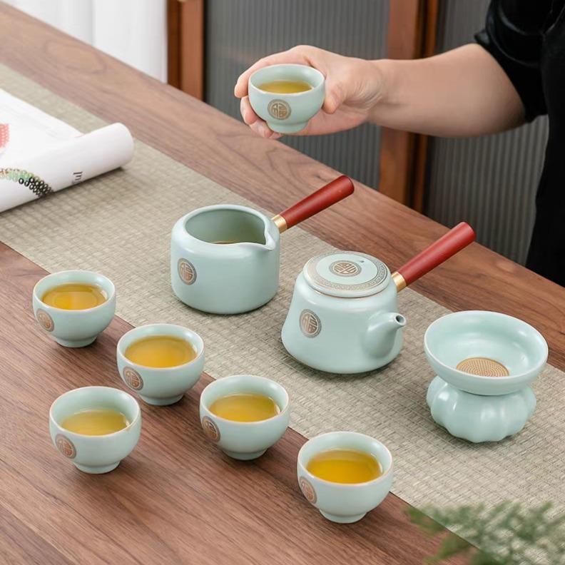 Golden Fortune Ru Kiln Tea Set 10pcs Elegant Ceramic Teapot & Cups in Blue Leather Case Perfect for Tea Enthusiasts