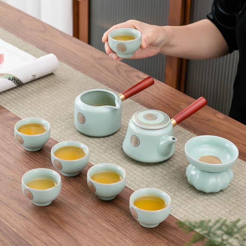 Golden Fortune Ru Kiln Tea Set 10pcs Elegant Ceramic Teapot & Cups in Blue Leather Case Perfect for Tea Enthusiasts