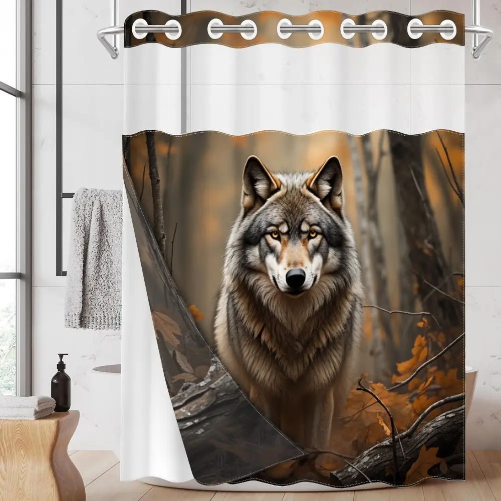 1pc hookless shower curtain with buckle lining, Shower Curtain Liner, autumn brown-grey wolf forest autumn leaf design 2D flat print, fabric waterproof lining shower curtain see-through window, 71 x 74 inches, Bathroom home decor