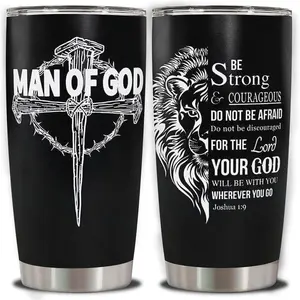 Christian Gift for Men - Lion of Judah & Joshua 1:9 Bible Verse - 20oz Stainless Steel Tumbler for Dad
