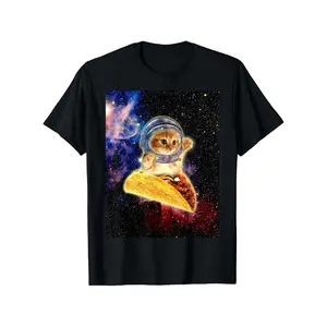 Men's space cat with taco Graphic T-Shirt - Short Sleeve Crew Neck Regular Fit Casual Wear | Soft & Breathable Fabric, Durable Print, Everyday Comfort, Machine Washable, funny, surreal, pop art outer space with a kitten in an astronaut helmet riding a