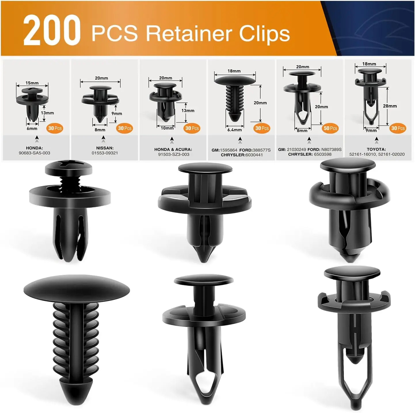 Universal Plastic Fender Clips,200 Pcs Push Bumper Fastener Rivet Clips with 6 Size Auto Body Retainer Clips Bumpers,Car Fender Replacement for GM, Ford & Ch