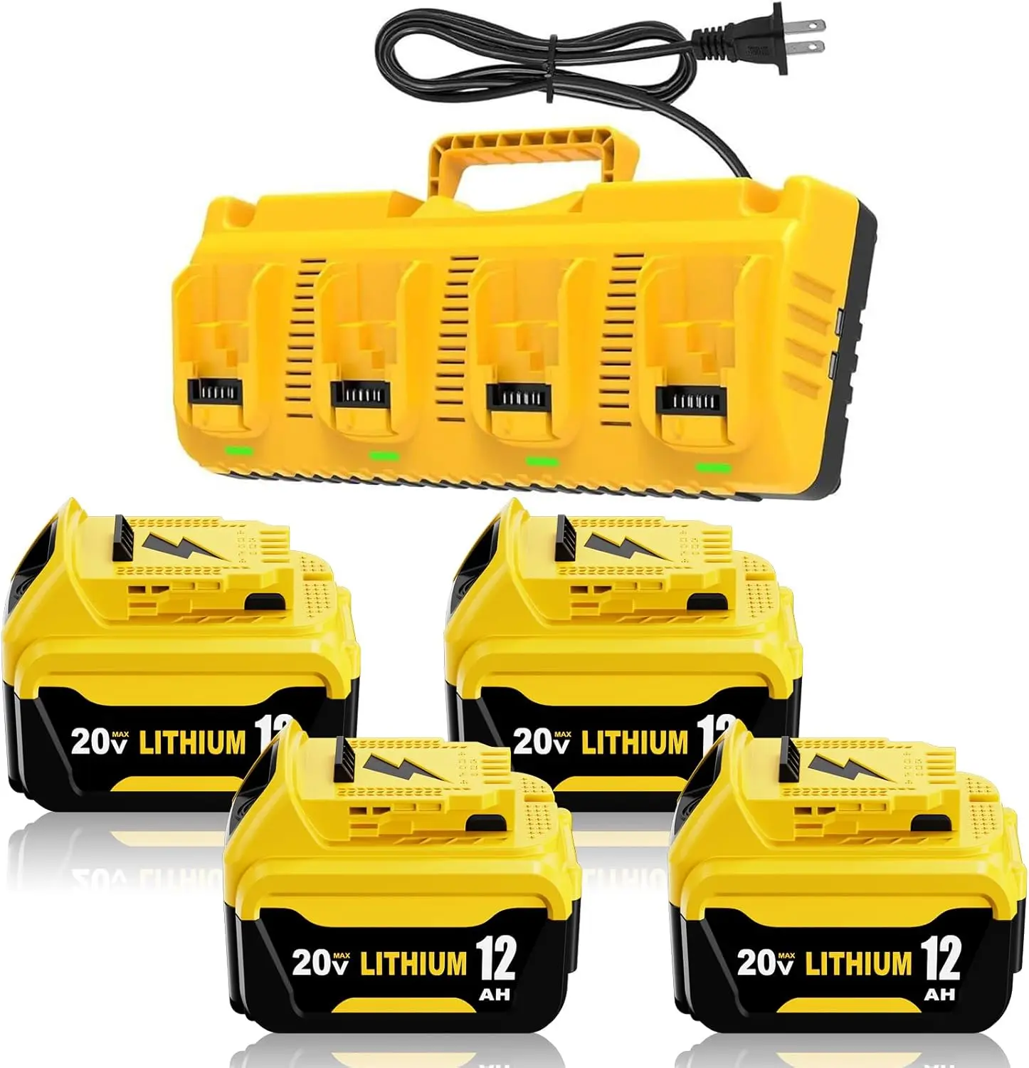4 Packs 12000mAh High Capacity DCB206 Battery Replacement for Dewalt 20V Battery and DCB104 4-Port Charger Compatible with Dewalt 20V Battery Lithium DCB207 DCB204 DCB200 201 Series Power Tool dewatlt powertools construction durable  replacement battery