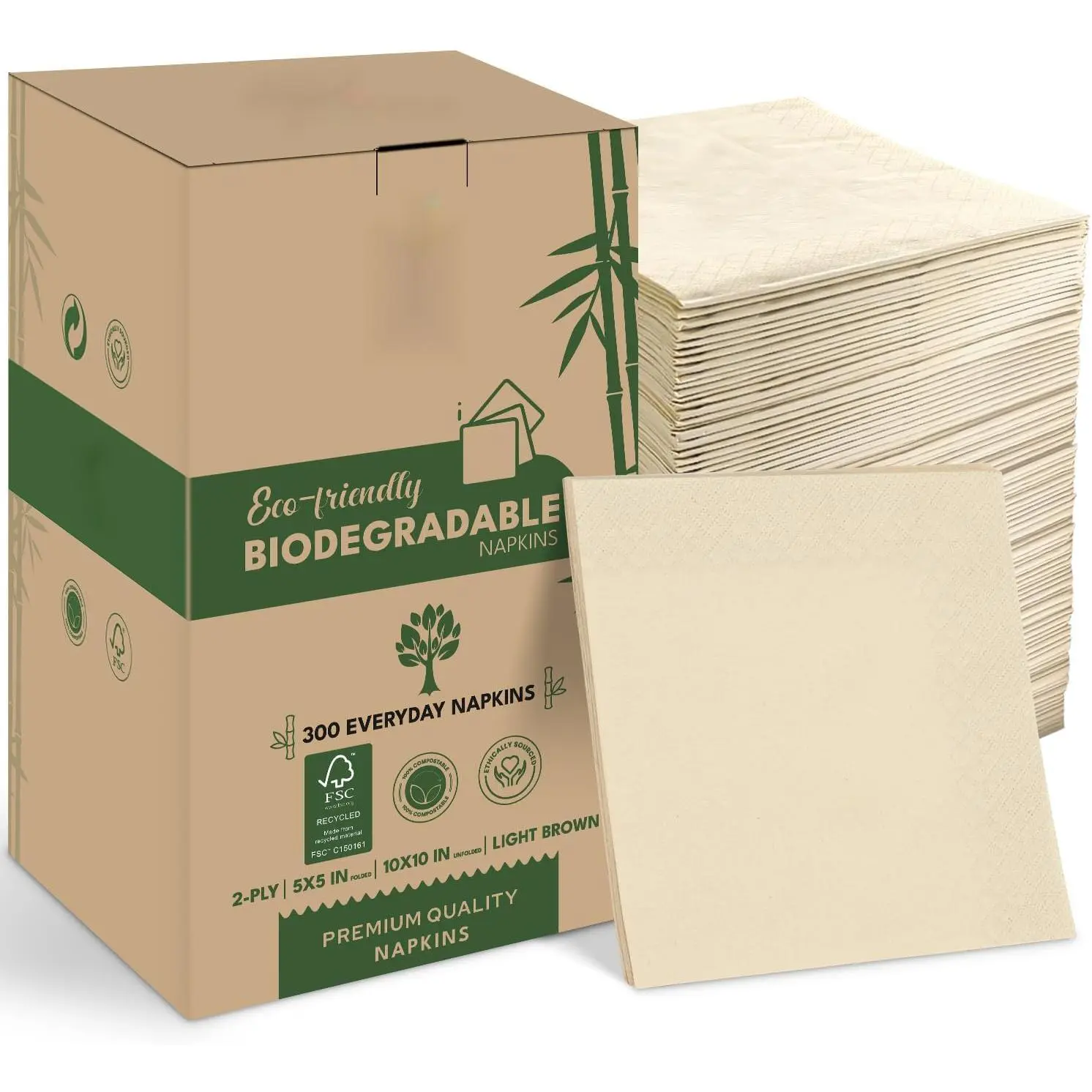 300 Bags 2-Layer Compostable FSC Certified Napkins - 5x 5inch Foldable Post-Consumer Recycled - Highly Absorbent Eco-Friendly Disposable Biodegradable Paper, Suitable for Catering and Events