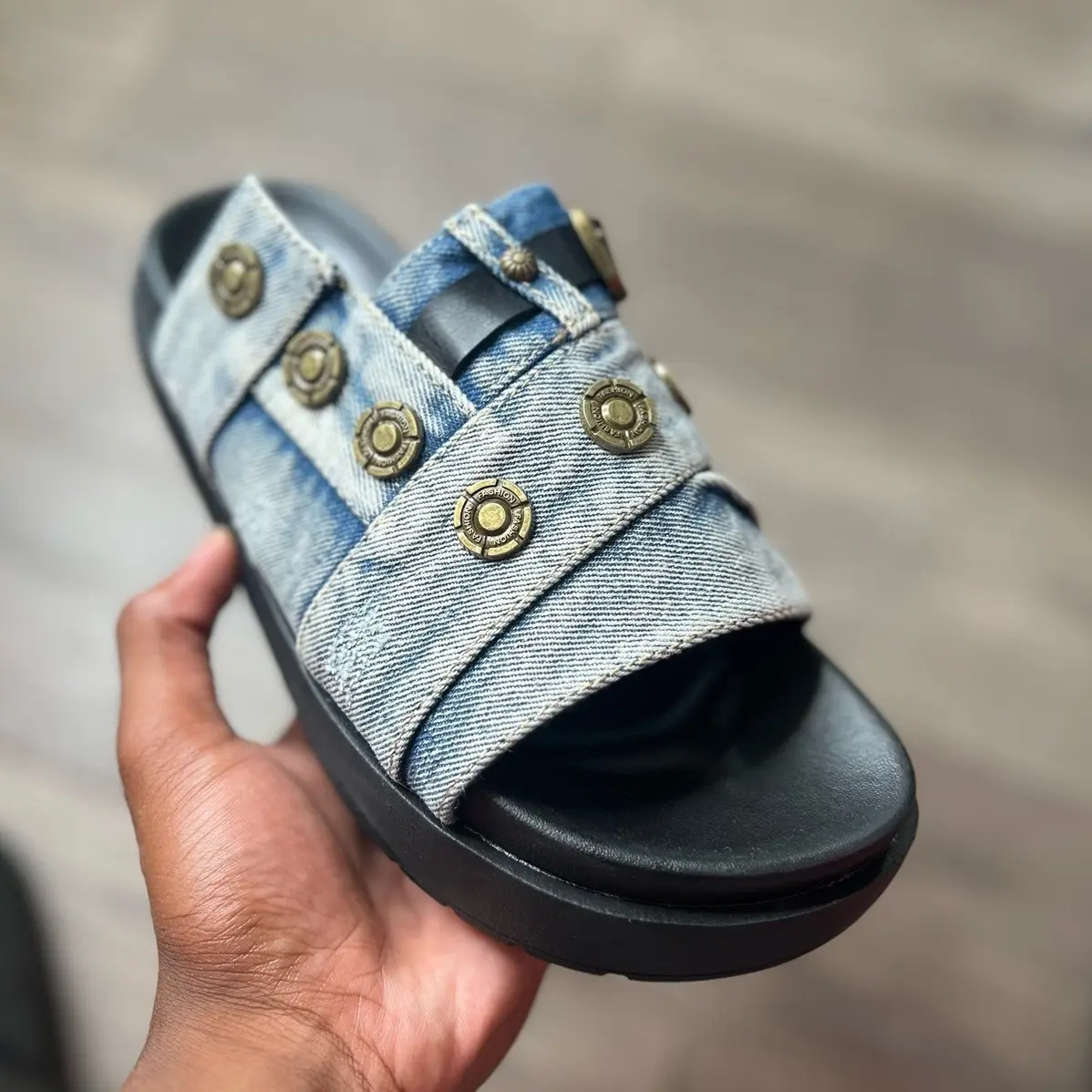 Janet Women's Denim Sandals - Please go up a shoe size. Blue with Studs, Comfortable Summer Footwear Shoe Girl Walking Shoes