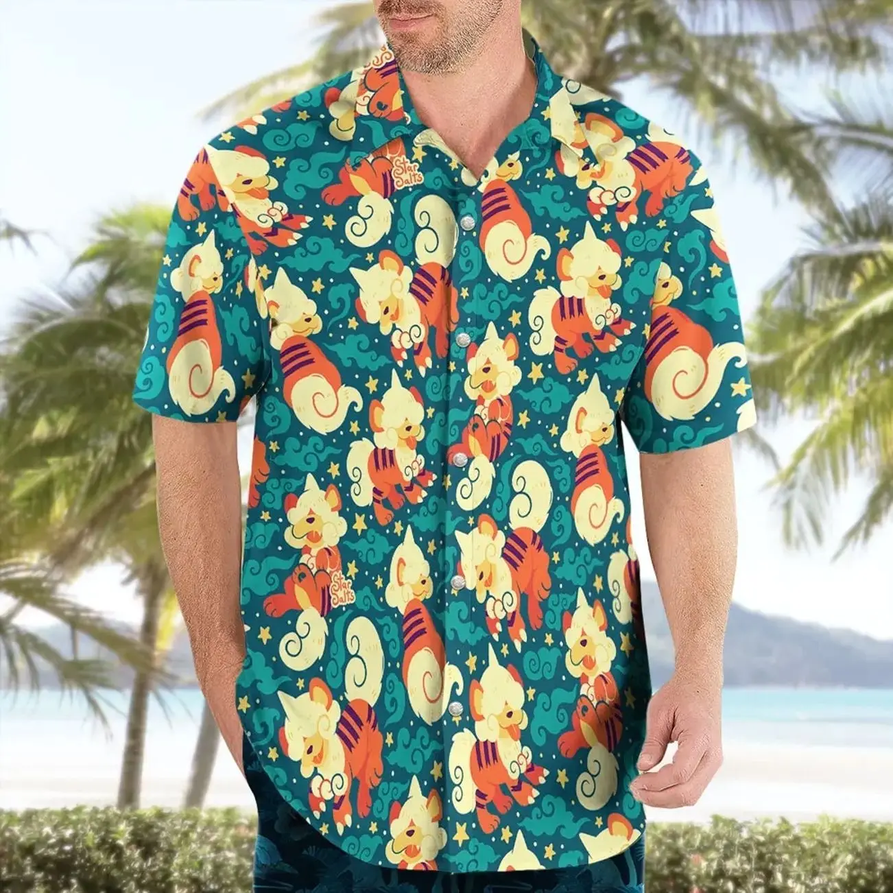 Cute Hisuian Growlithe Button Up Hawaiian Shirt,Tropical Summer Shirt, Beach Vacation Outfit – Tropical Anime Summer Shirt, Anime Hawaiian Shirt for Fans