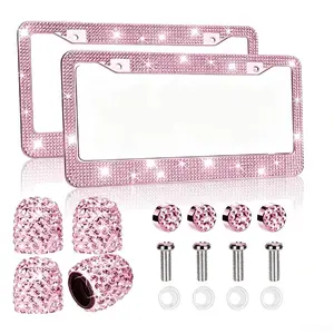 Pink Bling Glitter License Plate Frames 2 Pack - Rhinestone Stainless Steel, Universal Fit, Includes Bling Valve Stem Caps, U.s. Standard 2 Holes, Car Accessories