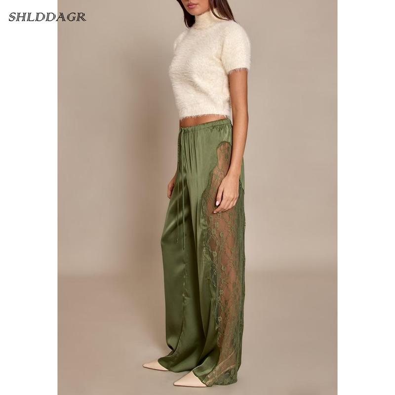 Women's Stylish and Elegant Satin Lace Wide-Leg Pants - High-Waisted Drawstring Loose Flowy Casual Party Dress Pants with Side Lace Trim (Ivory/Brown/Olive Green)