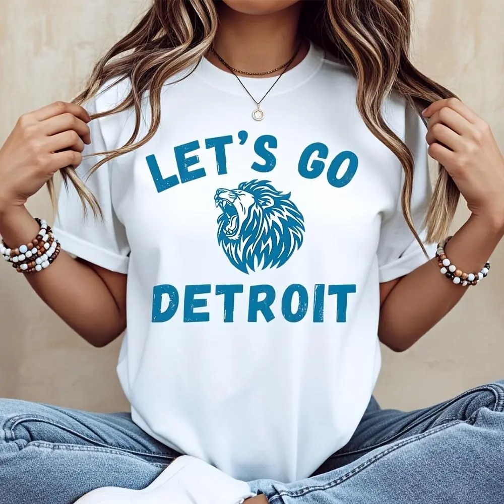 Let's Go Detroit Lion Graphic Print T-Shirt, City Pride Sports Fan Apparel, Casual Daily Wear Game Day Outfit