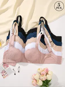 5pcs Elegant Lace Bra Set Underwear for Women, Womenswear, Adjustable Design, Fit, Strong Lift, Breathable Support, Five Color Options, Daily Wear, Clothes