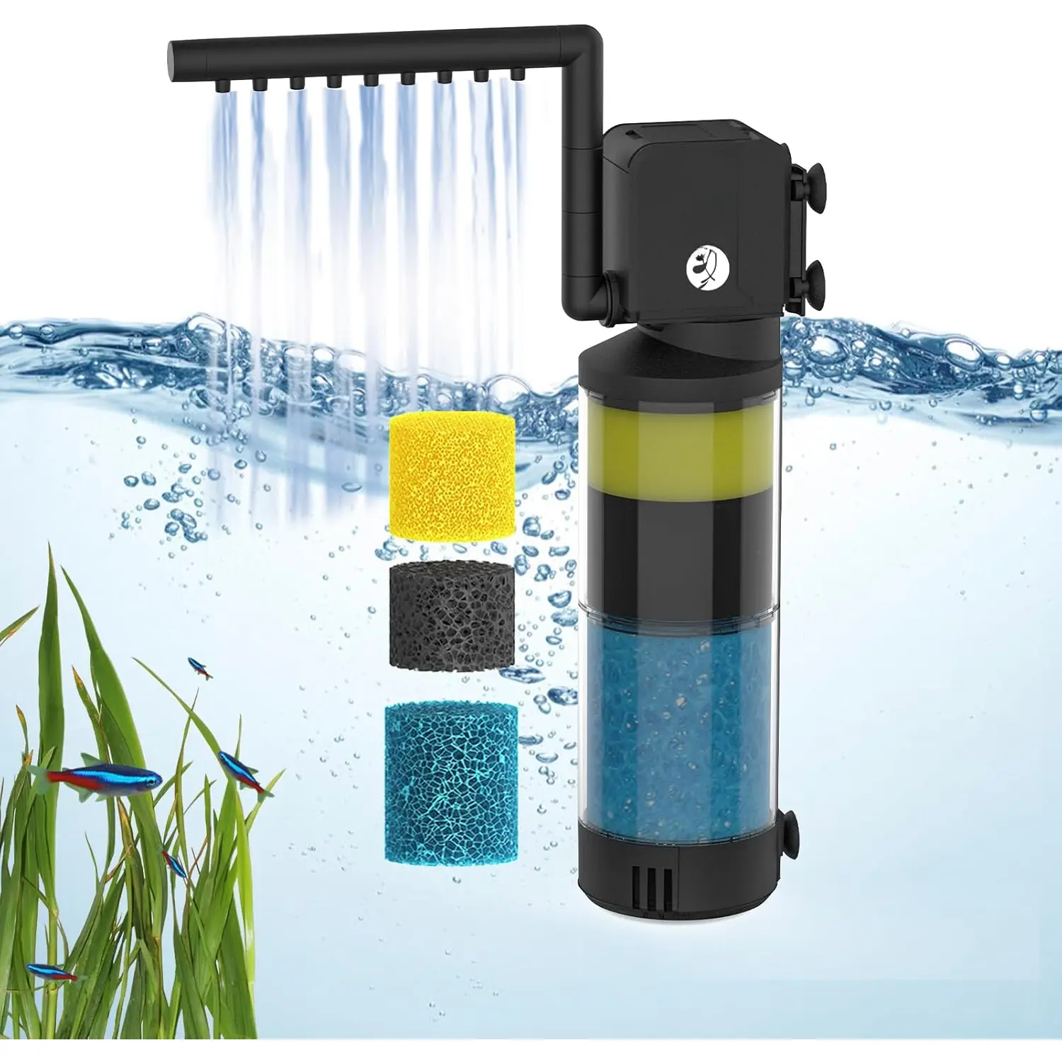 Aquarium Filter for 10-40 Gallon Aquariums, Fish Tank Filters Turtle Filter Internal Power Filter 3-Stage Filtration with Aeration/Rainfall Modes