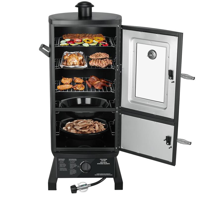 MBY Vertical Propane Smoker set with Cover, BBQ Smoker Grill, Three Removable Smoking Shelves, Temperature Control, Alloy Steel