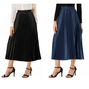 Allegra K Women's Party Elastic Waist Metallic Shiny Pleated Midi Skirt 2 Pcs Small Black/Dark Blue