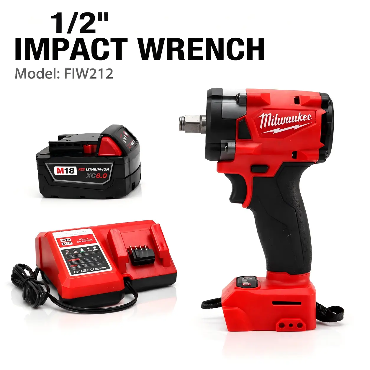 Milwaukee FIW212 Cordless Impact Wrench Kit | 1/2" Anvil | 2400r/min Variable Speed | Industrial Maintenance & Equipment Assembly Tool square drive work accessory flexvolt lithium-ion outdoor survival rapid charger secure grip lug nut remover  weight home