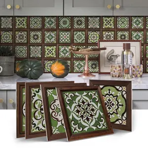 12/24 PCS Gift Box Art PE Crystal Tile Stickers, Vintage Green & Brown Floral Mandala Style, Waterproof Oil-Proof Wall Decals for Kitchen Bathroom Floor Home Decor