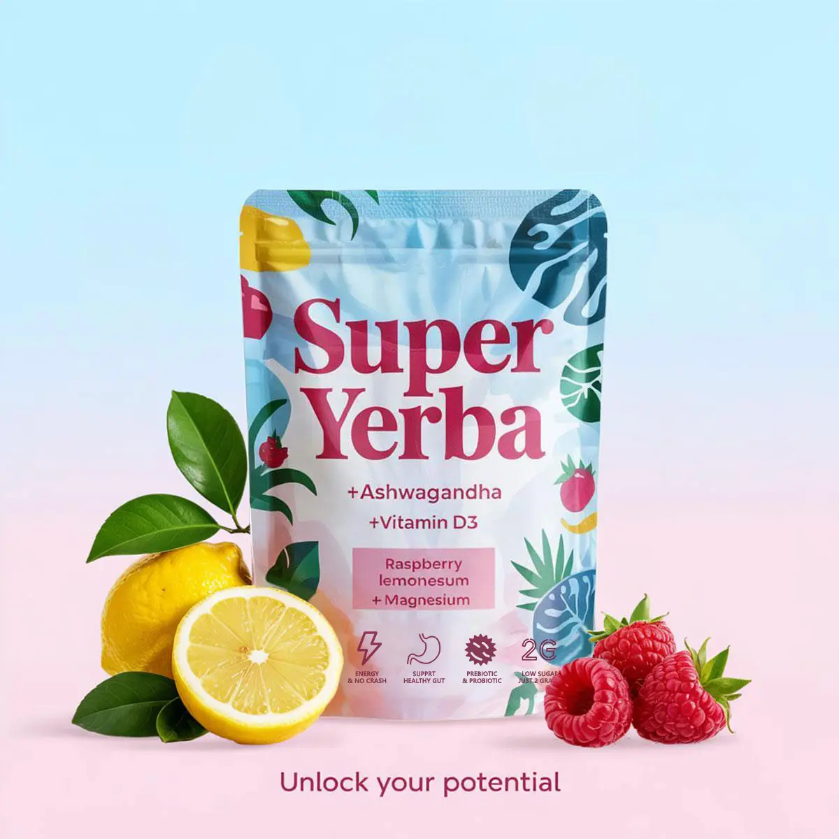 Super Yerba | Yerba Mate Instant TeaPowder| RASPBERRY LEMONADE Flavor | 30 Servings