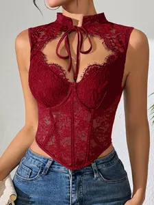 New Fashion Sweet Spicy Sexy Lace Tie Waist Slimming Fishbone Tank Top, Underwear, Transparent Lace, Belted Design, Bodycon Fit, Sleeveless, Elegant Chic Sleeveless, Elegant Beautiful Sleeveless