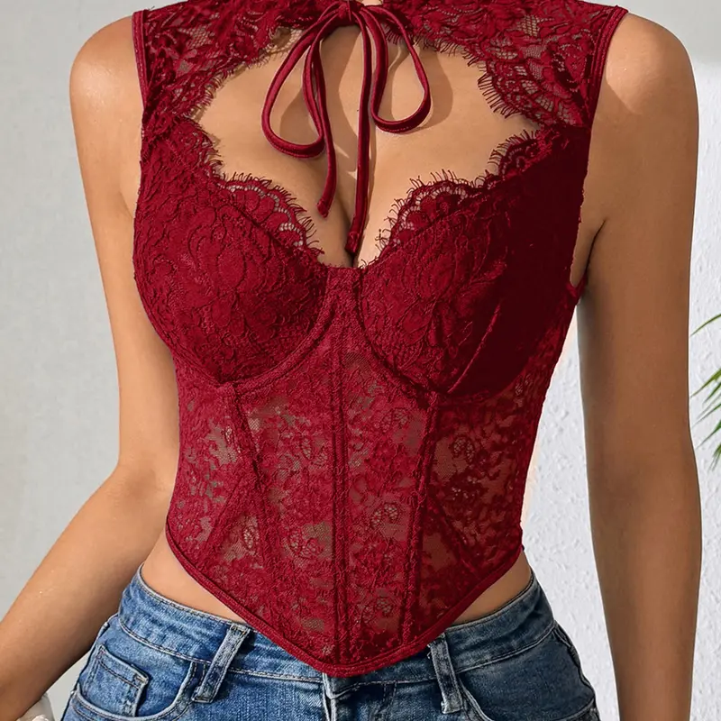 New Fashion Sexy Tie Neck Corset Structure Lace Contour Waist Tank Top, Bodycon Fit, Sheer Sleeveless Top, Corset Tanks
