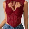 New Fashion Sexy Tie Neck Corset Structure Lace Contour Waist Tank Top, Bodycon Fit, Sheer Sleeveless Top, Corset Tanks