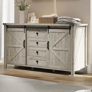 Amerlife Farmhouse Dressers for Bedroom, Vintage Dresser Closet with Chest of Amerlife 4 / 5 Drawers, Storage Cabinet with 2 Sliding Barn Doors, Organizer TV Stand Living Room