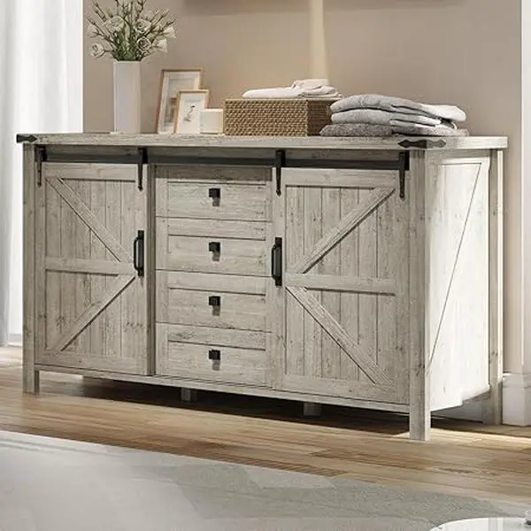 Amerlife Farmhouse Dressers for Bedroom, Vintage Dresser Closet with Chest of Amerlife 4 / 5 Drawers, Storage Cabinet with 2 Sliding Barn Doors, Organizer TV Stand Living Room