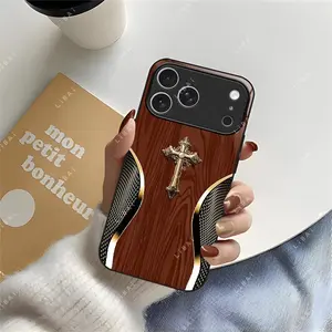 Premium 2D Gothic Golden Cross on Wood Grain Pattern White Light Tempered Glass Case for [iPhone & Samsung] - Luxury Anti-Scratch Protective Cover 952