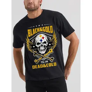 Thoughtful Gifts, Men'S Gifts, Classic Pittsburgh Football Print, Black&Golden Skull with Crossbones Design, A Men'S Casual T-Shirt Suitable for Football Enthusiasts, Pure Cotton Comfortable, Everything Basic, Unisex.