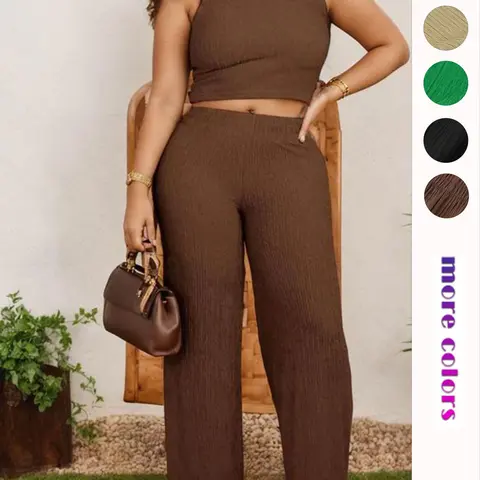 Two-Piece Set, Two Pieces Sets Women's Solid Color Crop Tank Top & Elastic Waist Wide Leg Pants Set, Casual Sleeveless Round Neck Top & Trousers for Summer, Ladies Fitted Clothes for Daily Wear, Womenswear