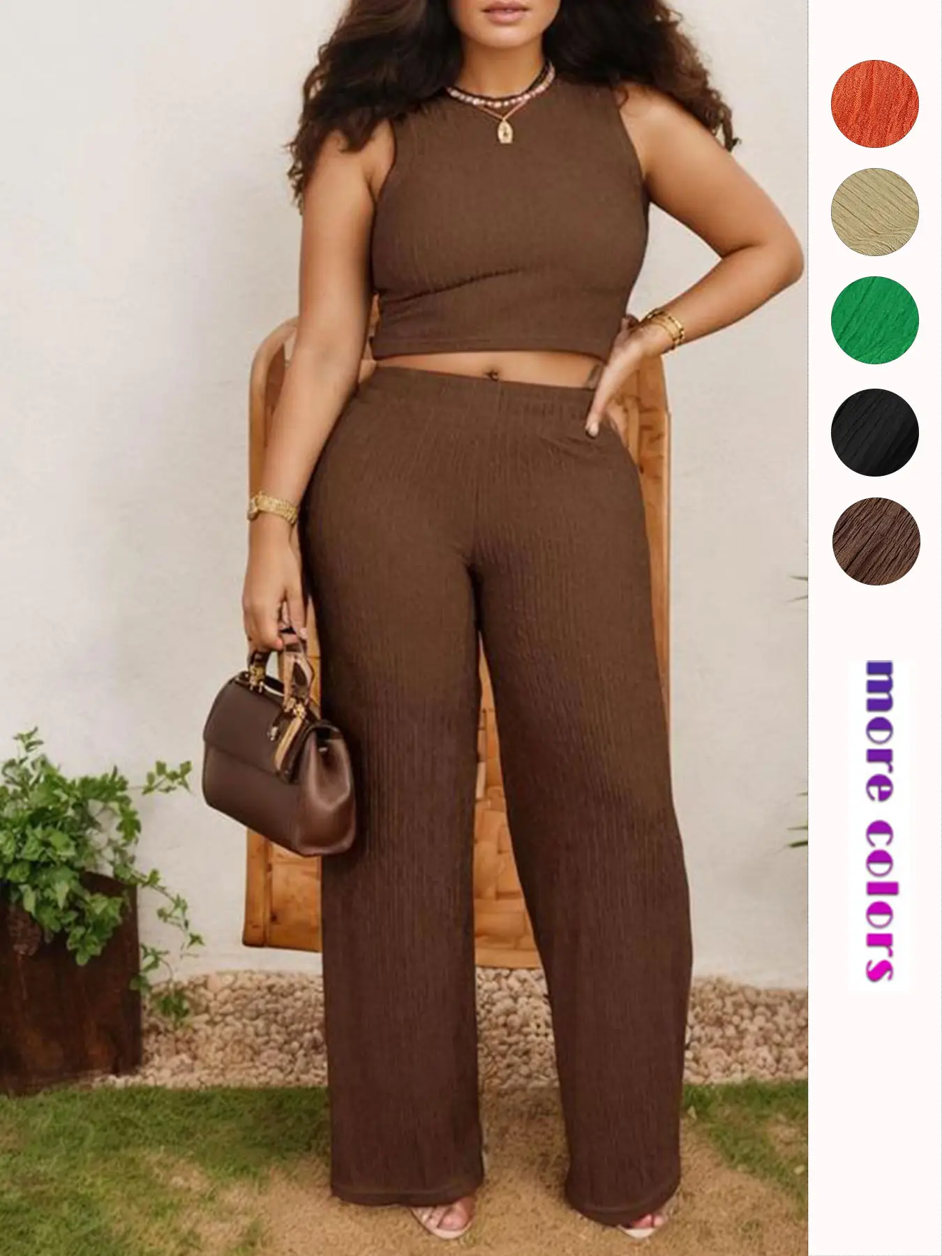 Two-Piece Set Women's Solid Color Crop Tank Top & Elastic Waist Wide Leg Pants Set, Casual Sleeveless Round Neck Top & Trousers for Summer, Ladies Clo