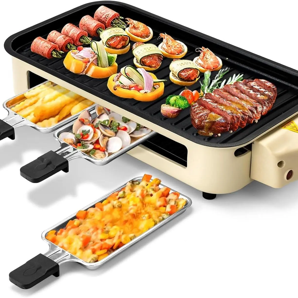 Pukomc Smokeless Electric Grill – 1500W Fast Heating, Non-Stick Removable Plate, Constant Temp + 3 Raclette Pans & Wooden Spatulas – Dishwasher Safe