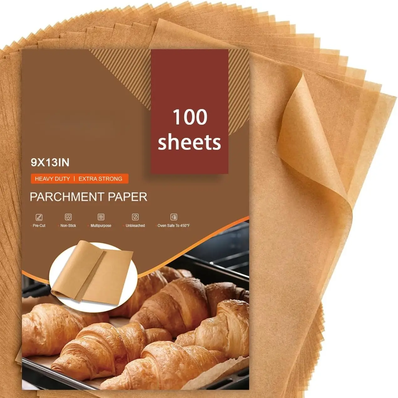 Disposable Unbleached Parchment Paper Sheets - 9x13in Precut Food-Grade Anti-Adhesive Flexible High Temp Bakery Style Sheets (100PCS) for Oven Baking, Grilling, Wooden Pans, Flexible Parchments, High Temp Parchments