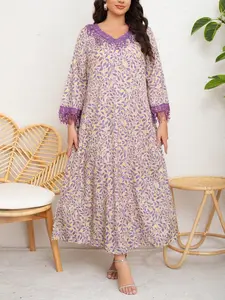 Middle Eastern Plus Size Commuter Dress, Modest Style Dress, Leaf Print Fringe Long Sleeve Robe, Casual Home Wear, Outdoor Picnic, Light Social Occasions